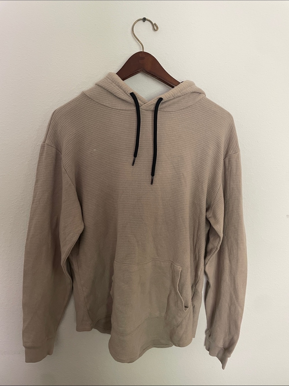 Hollister Beige Waffle-Knit Hoodie with Black Drawcords